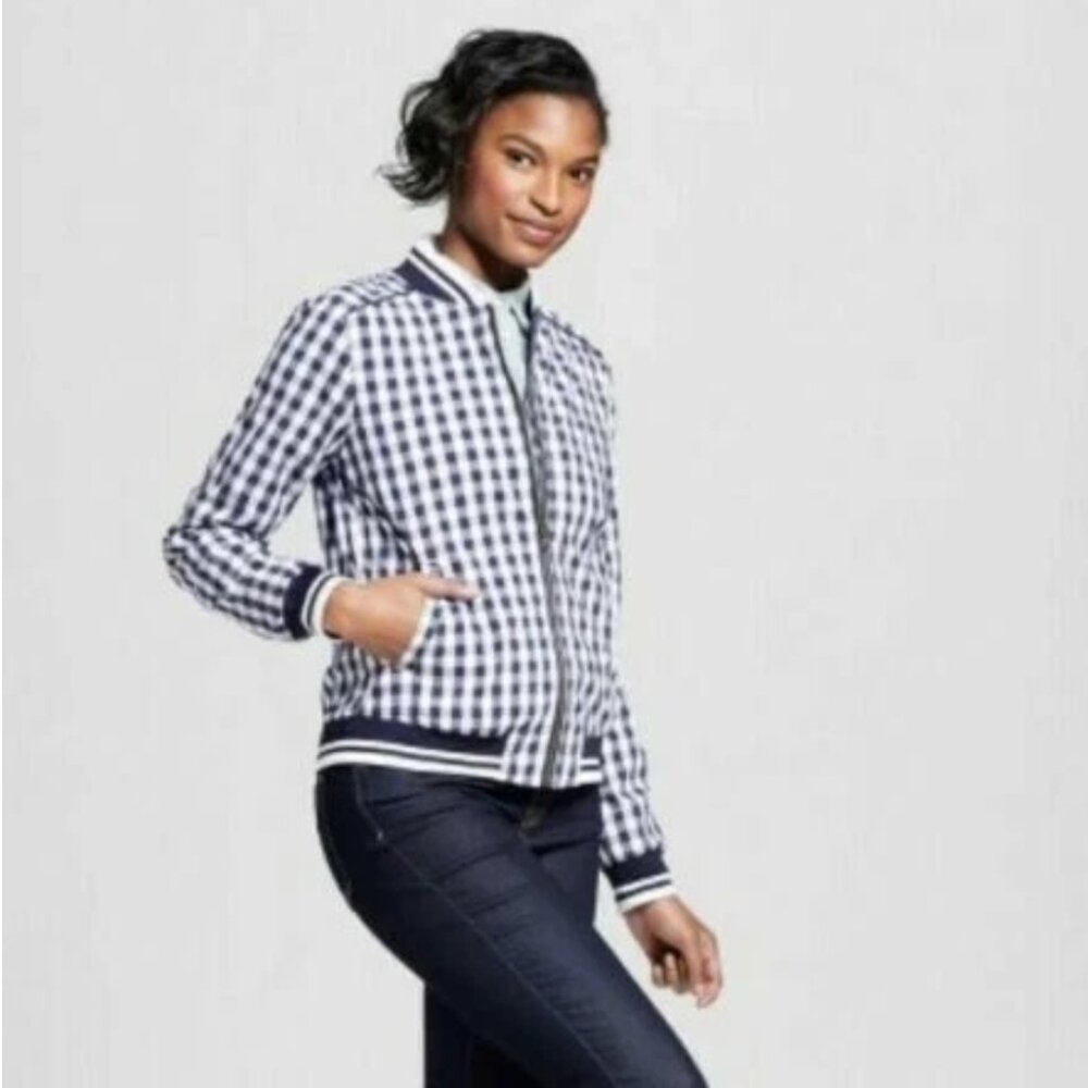Merona Blue & White Checkered Bomber Jacket Full Zip Gorpcore Womens Size S